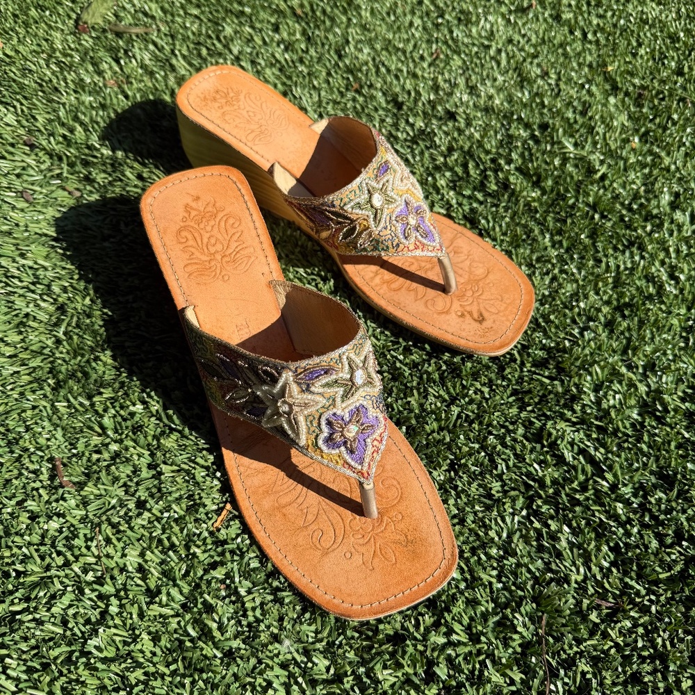 N.Y.L.A. Vintage Boho Beaded & Tooled Leather Wedge Sandals